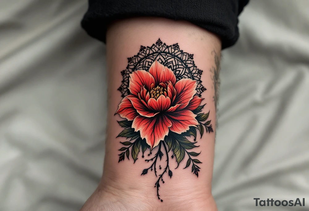 red  and black rhododendron trippy with mandala behind tattoo idea