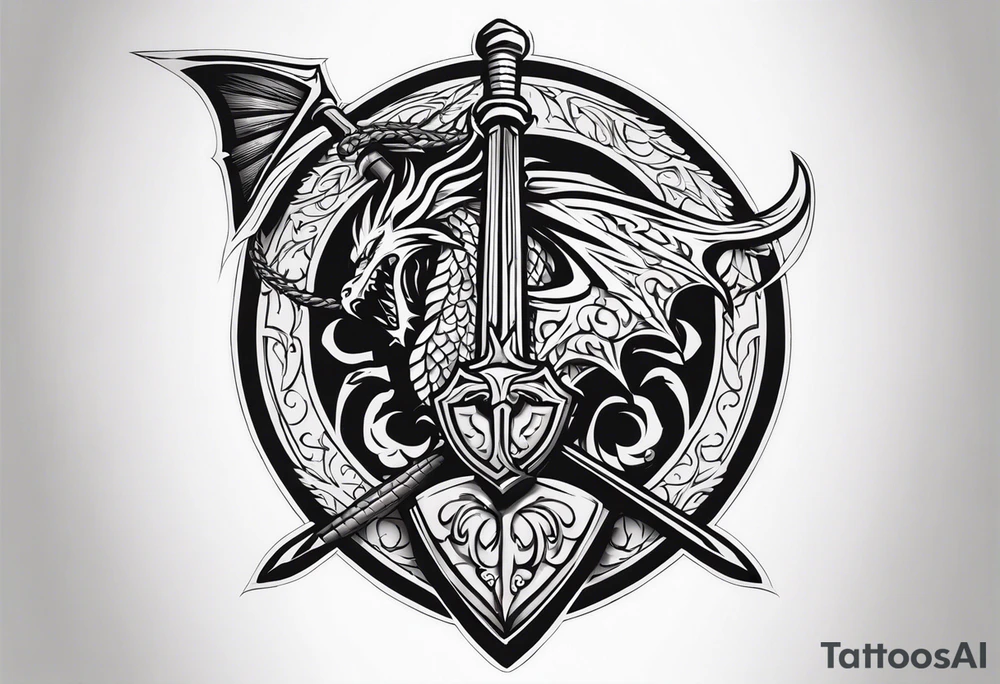 Valhalla sword shield dragon axe valkyrie tattoo idea