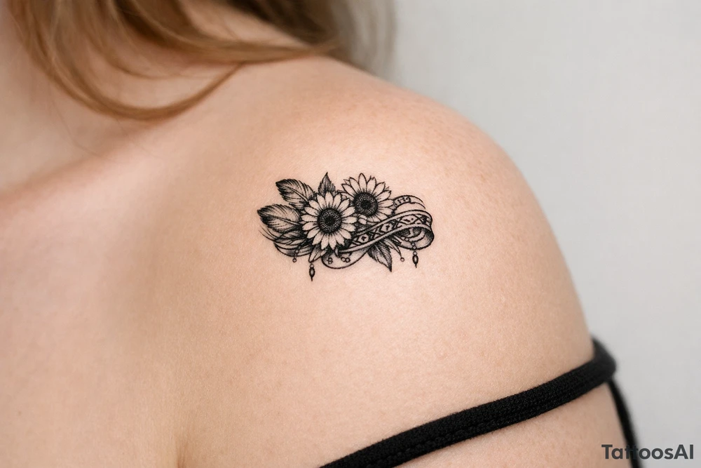 sunflowers with feathers and female Indian tribal ribbon tattoo idea