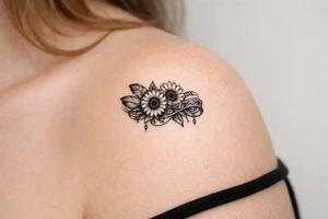 sunflowers with feathers and female Indian tribal ribbon tattoo idea