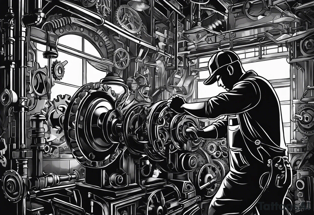 Create a silhouette of am industrial mechanic working on a machine, surrounded by mechanical elements like gears and tools. No grays , no shadows tattoo idea