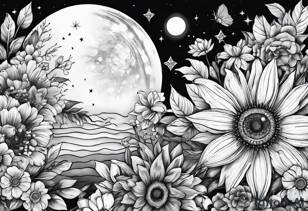 solar system with flowers spine tattoo idea
