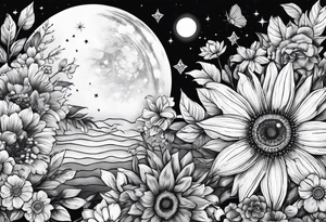 solar system with flowers spine tattoo idea