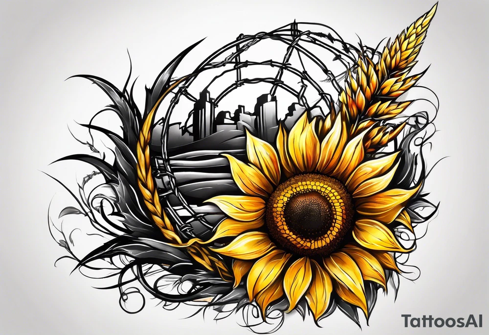 Sunflower, wheat, and barbed wire half sleeve tattoo idea