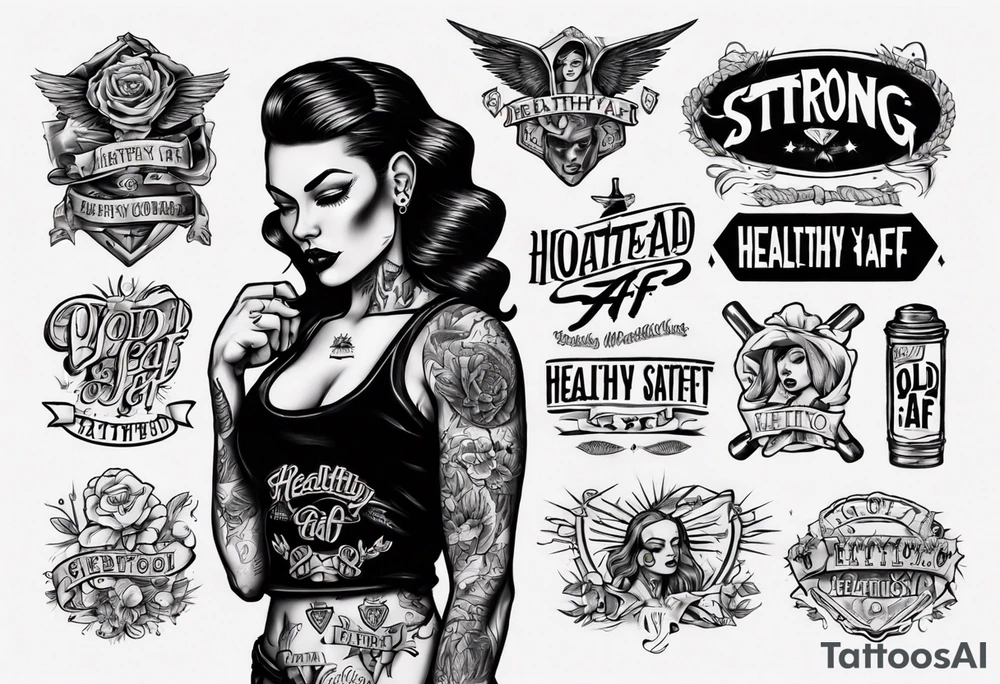 Strong tattooed woman with the words healthyAF underneath her in old school font tattoo idea