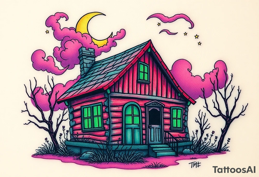 Tim Burton’s haunted pastel wood cabin home is abandoned and dripping with muted reds, dusty pinks, and eerie green glow.purple and cyan smokey clouds swirl in the crescent moonlit sky thats sprinkled with stars tattoo idea tattoo idea