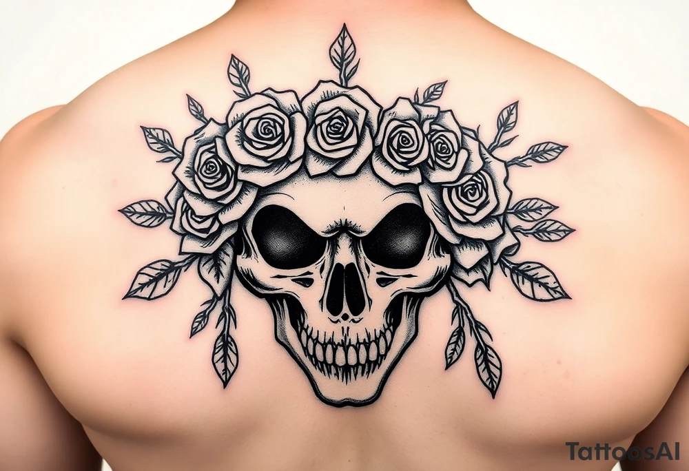 ornate skull adorned with crown of wild roses and thorns tattoo idea
