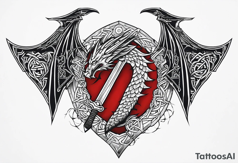 Valhalla sword shield dragon axe Valknut barbed wire chains tattoo idea Valhalla sword shield dragon axe Valknut barbed wire chains tattoo idea