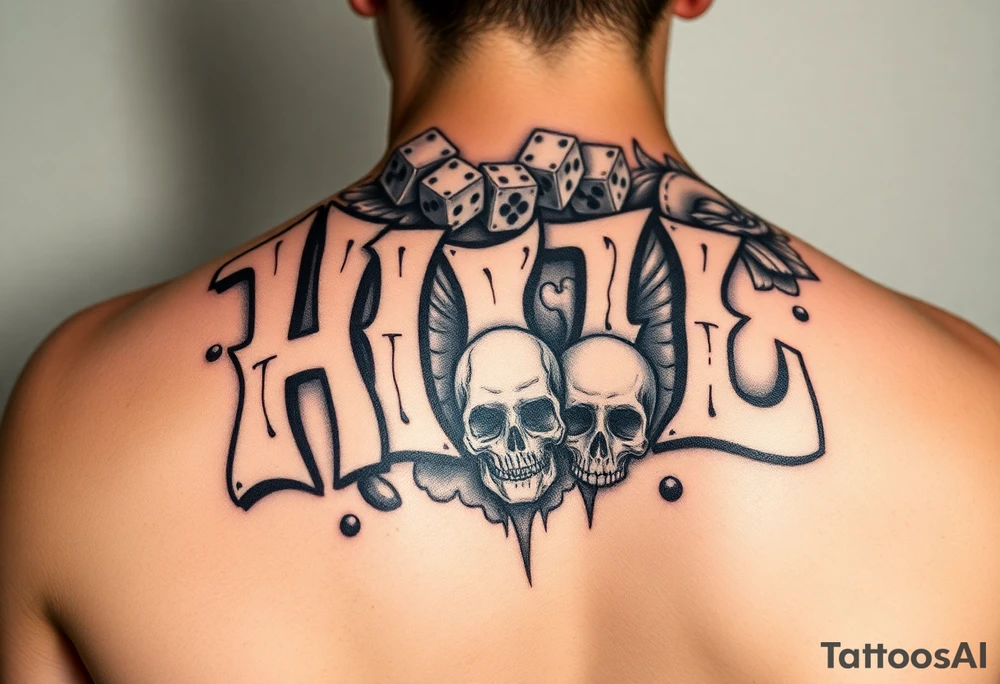 Graffiti in 3d stone style make the letters look carved in stone flame and smoke effect add dice , money, cards, skulls or angel wings tattoo idea