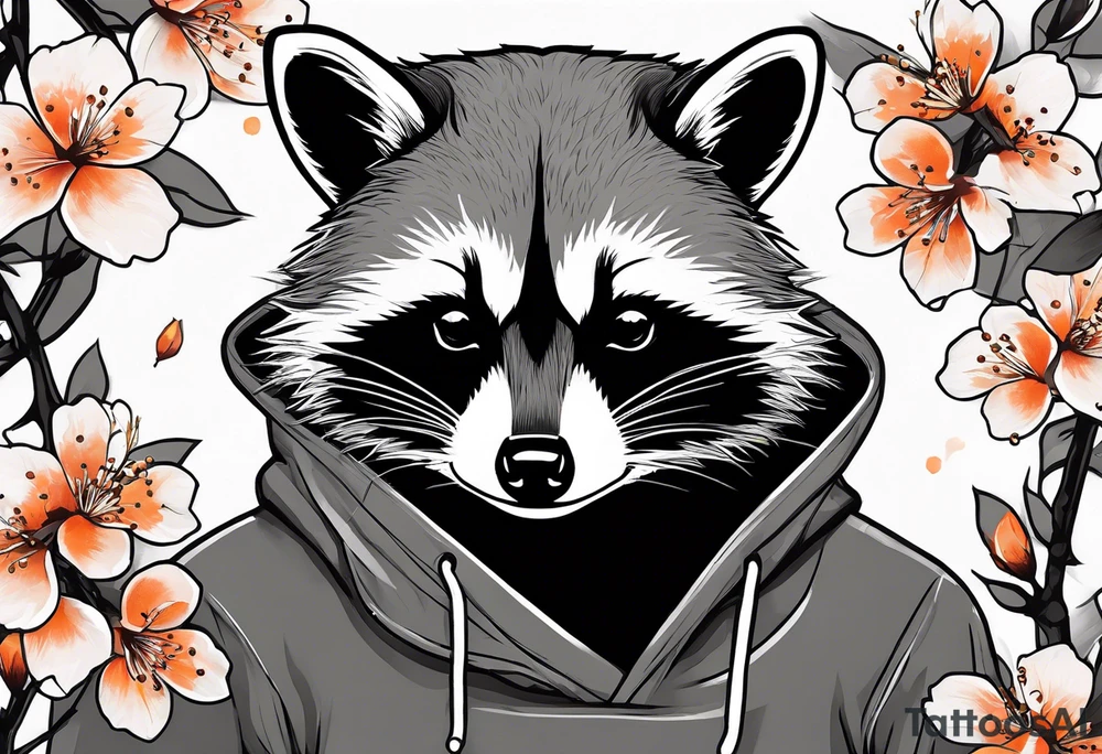 Raccoon wearing a white Superman logo on a black hoodie and orange Japanese cherry blossoms tattoo idea