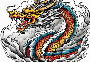 chinese dragon blowing fire while flying through a thunderstorm tattoo idea