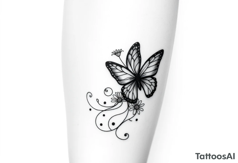 swirl pattern with butterfly and daisy leg tattoo design drawon on leg. i want to sell this in zepeto tattoo idea