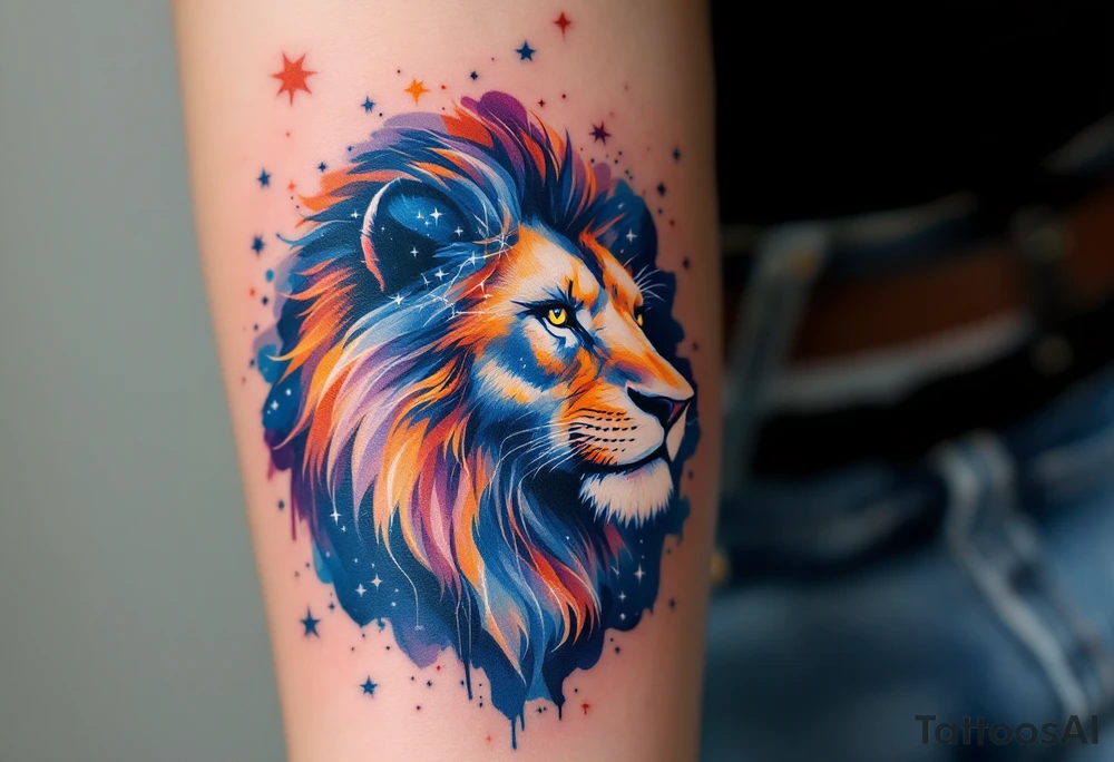 A fierce lion outlined in stardust white roams across a watercolor canvas of midnight blues and fiery oranges with Lion star constellation tattoo idea