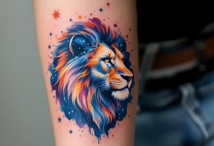 A fierce lion outlined in stardust white roams across a watercolor canvas of midnight blues and fiery oranges with Lion star constellation tattoo idea