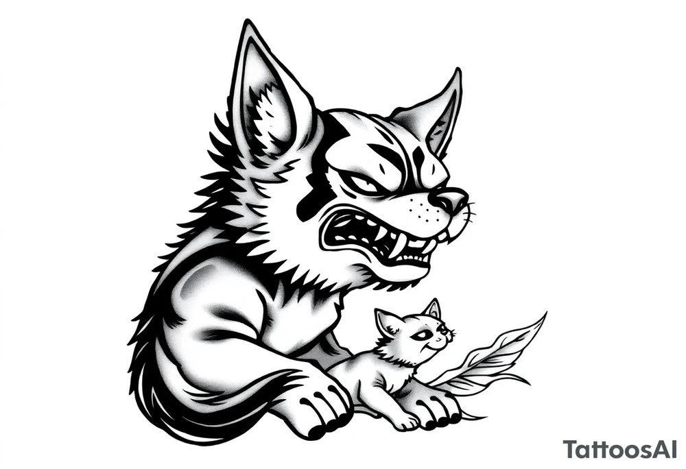 Japanese Fô dog with baby Fô dog under her paw with wind elements around tattoo idea