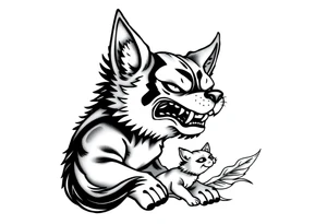 Japanese Fô dog with baby Fô dog under her paw with wind elements around tattoo idea