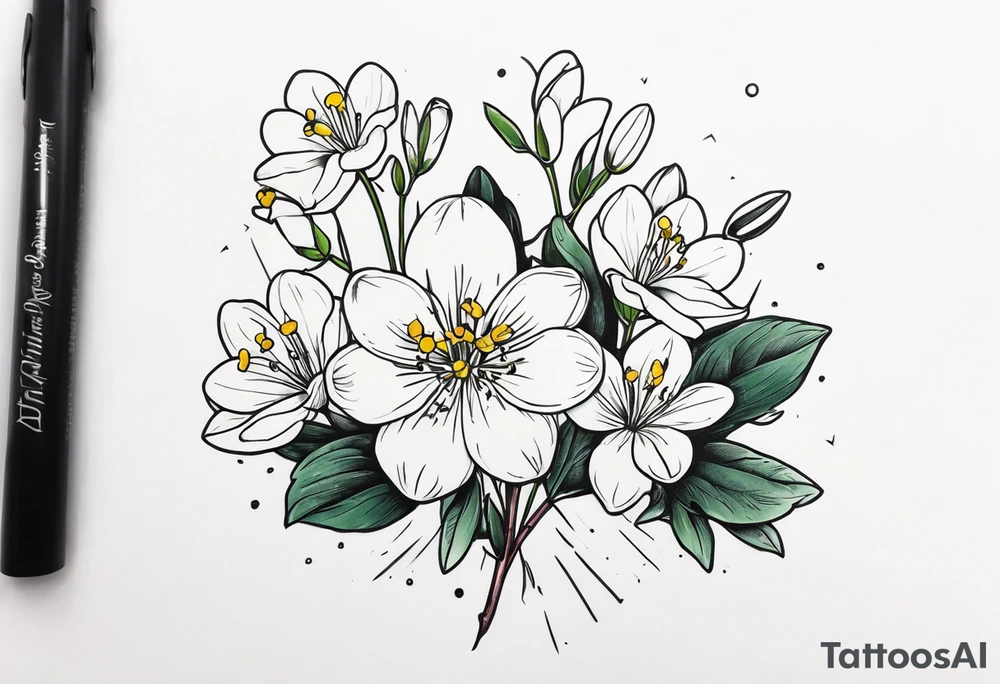 Bouquet with One snowdrop, One hawthorn flower, Two honeysuckle blooms tattoo idea