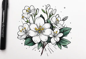 Bouquet with One snowdrop, One hawthorn flower, Two honeysuckle blooms tattoo idea