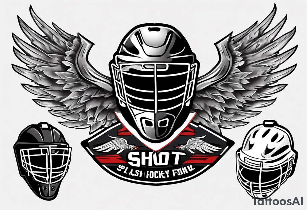 hockey puck with wings and a goalie mask that says "SHOT HOCKEY" tattoo idea