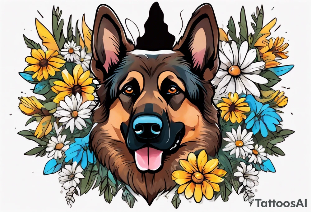 Dark Brown German shepherd portrait surrounded by  daisies brightly colored tattoo idea