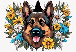 Dark Brown German shepherd portrait surrounded by  daisies brightly colored tattoo idea