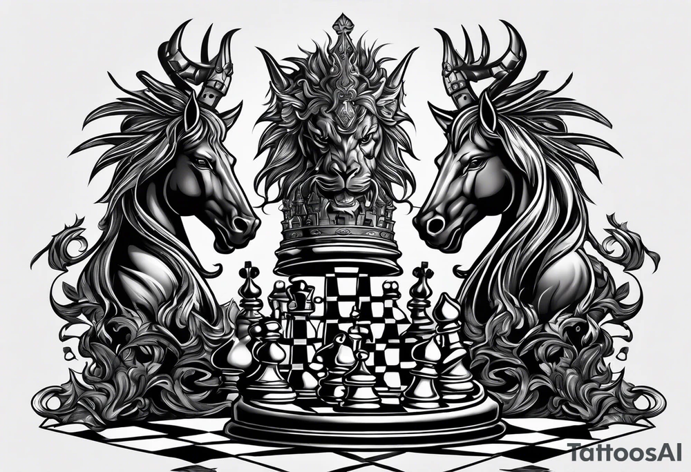 Design featuring a chessboard with angelic and demonic chess pieces engaged in a strategic game, symbolizing the eternal battle between opposing forces. tattoo idea
