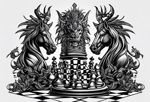 Design featuring a chessboard with angelic and demonic chess pieces engaged in a strategic game, symbolizing the eternal battle between opposing forces. tattoo idea
