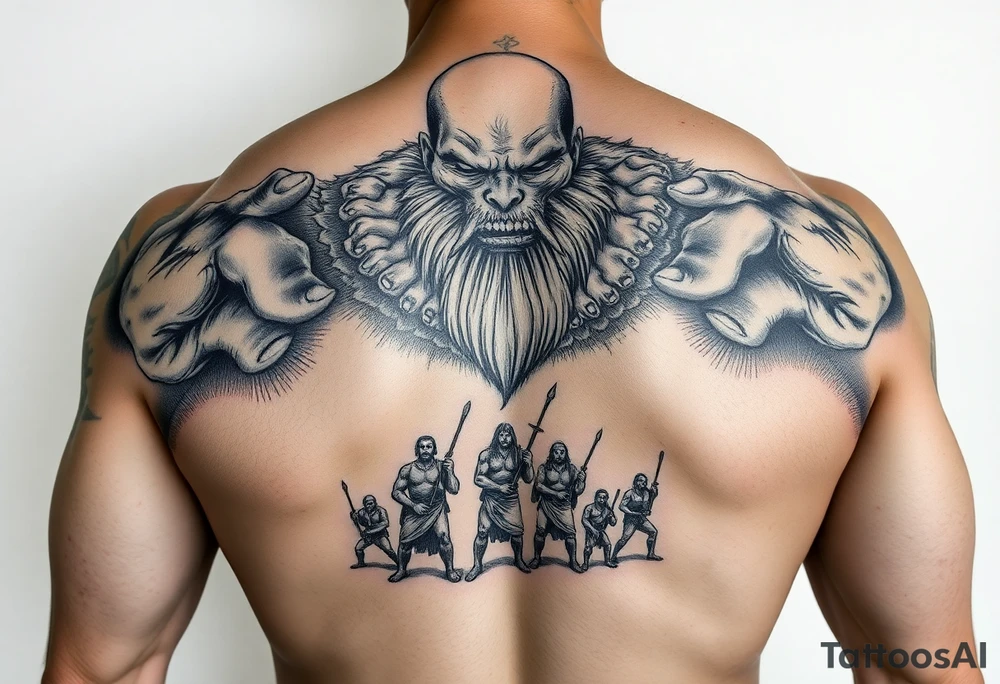 A giant with miniature men as slaves tattoo idea