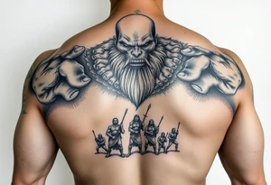 A giant with miniature men as slaves tattoo idea