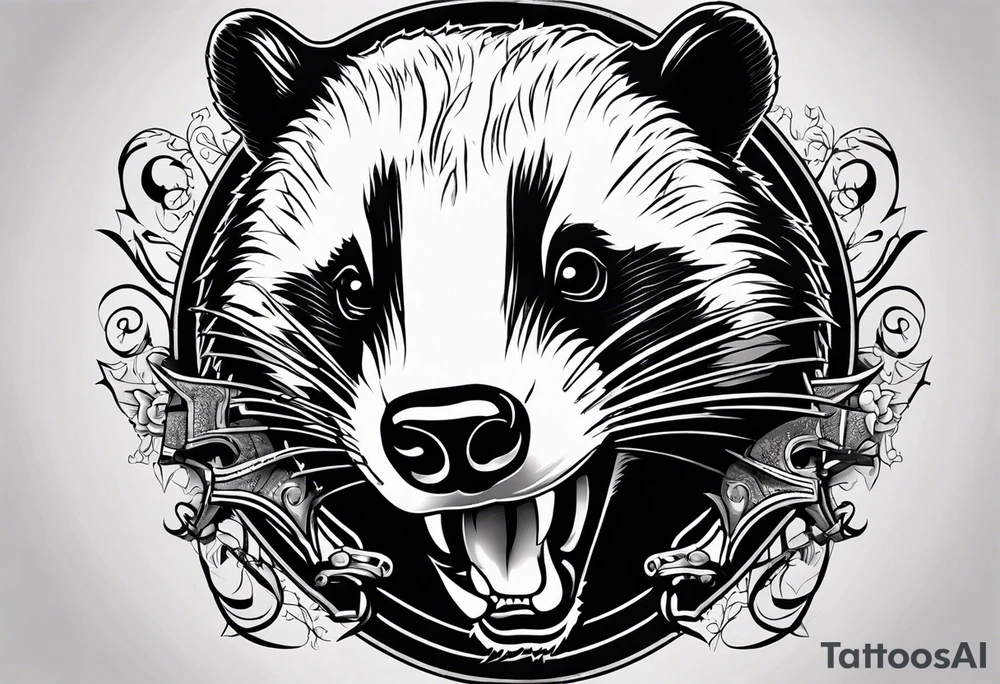Draw me hunting badger with aggressive full body, killer face with a smile, very long nails and he attacks like a Turkish gladiator to enemy and also he has very deadly looking. The only weapon is his braveness he fights with his nails. Everybody scares after their first sight. And horror type Badger this is. tattoo idea