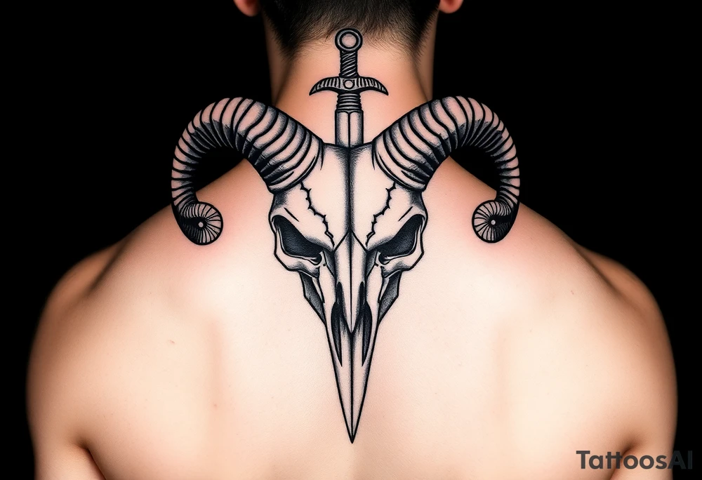Ram skull with sword through it tattoo idea