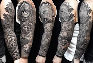 full arm sleeve, jungle plants, all-seeing eye tattoo idea