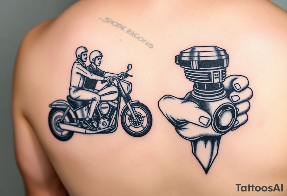 a two person on a Harley Road Glide 2018 on a forearm and a harley's engine on the top of the hand tattoo idea