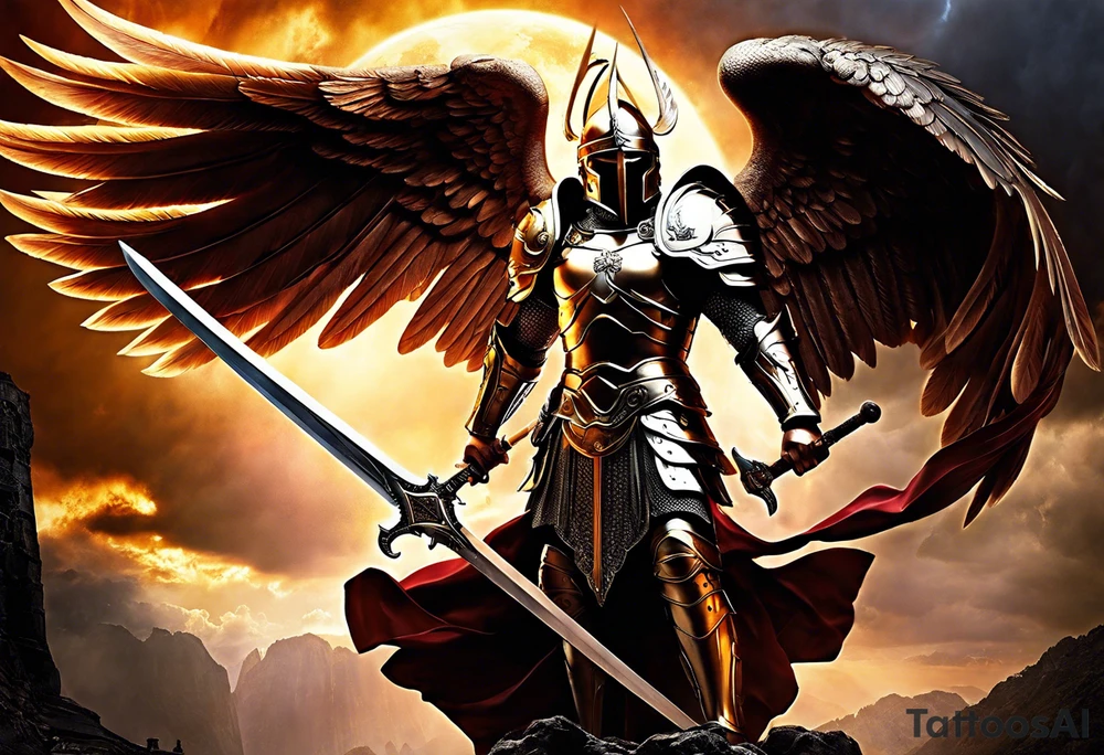**Tattoo Design: Archangel Michael**

- **Central Theme**: Archangel Michael, majestic and powerful, stands ready with a raised sword, prepared to battle evil.
- **Appearance**: The figure of Archangel Michael depicted in full angelic armor, with majestic wings spread wide.
- **Expression**: His stance conveys strength, courage, and determination in defense of good.
- **Details**: Focus on intricate details such as facial features, armor embellishments, and the raised sword.
- **Background**: May be stylized as celestial, with rays of light or clouds, accentuating the divine presence of Archangel Michael.
- **Placement**: Intended for placement on the chosen body area, with the option to adjust the size according to personal preferences. tattoo idea