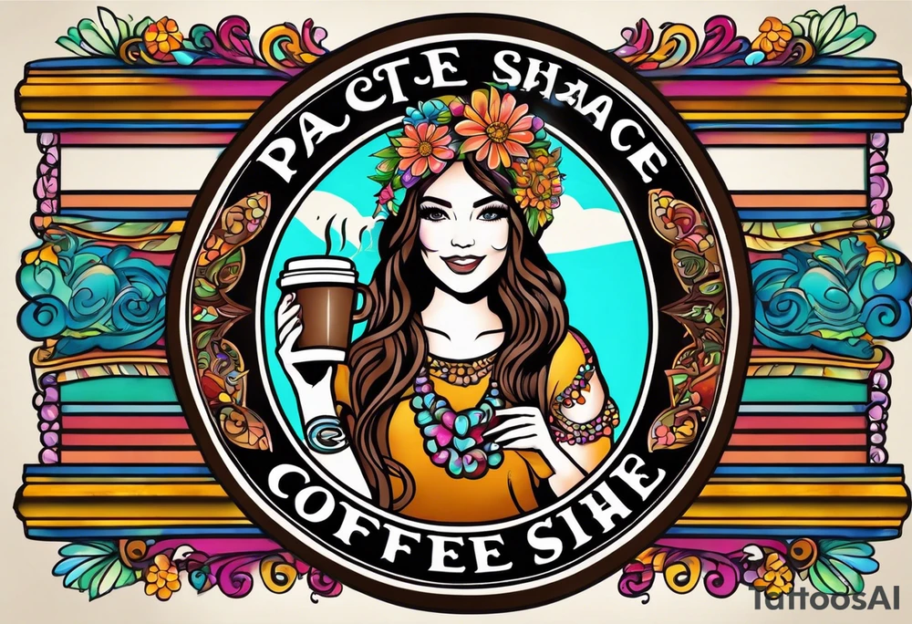 Groovy Coffee shop logo with hippie girl holding a peace sign on hand, peace sign on coffee mug tattoo idea