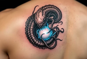 The facehugger curled around an egg, with slimy, translucent tendrils glowing faintly in bioluminescent blue, evoking the creature's parasitic nature. tattoo idea