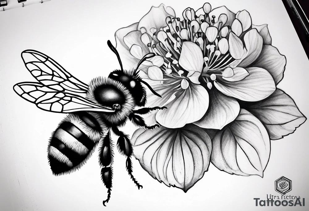 Small tattoo. There’s a hydrangea and a bee but they are not touching. Make the bee smaller than the hydrangea and have the bee off to the side. tattoo idea