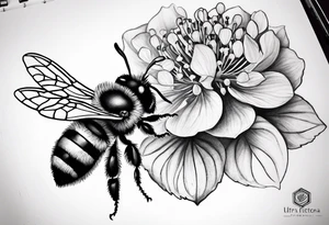 Small tattoo. There’s a hydrangea and a bee but they are not touching. Make the bee smaller than the hydrangea and have the bee off to the side. tattoo idea