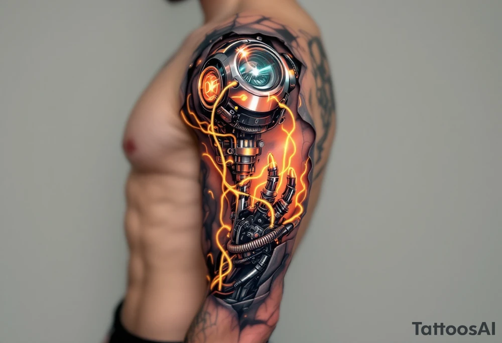 A biomechanical fusion tattoo where the skin peels back to reveal slick chrome and glowing yellow wires. tattoo idea