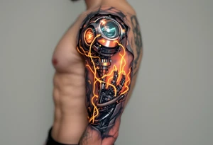 A biomechanical fusion tattoo where the skin peels back to reveal slick chrome and glowing yellow wires. tattoo idea