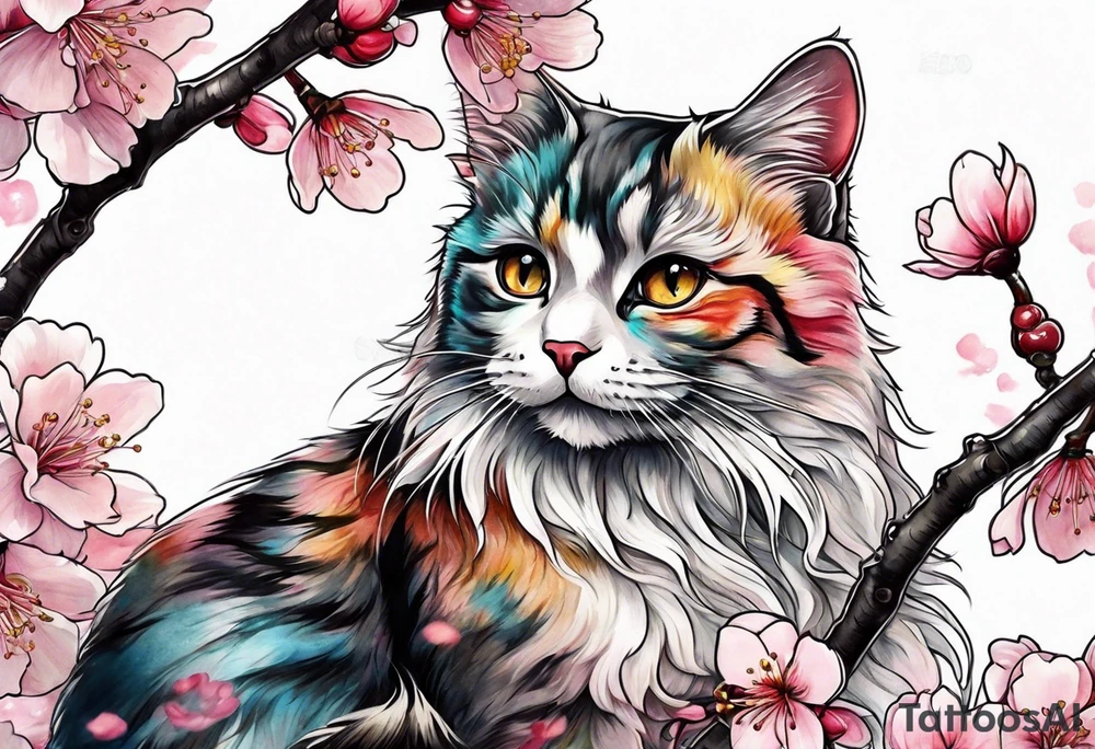 A kitty perched upon a cherry blossom  branch tattoo idea