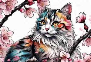 A kitty perched upon a cherry blossom  branch tattoo idea