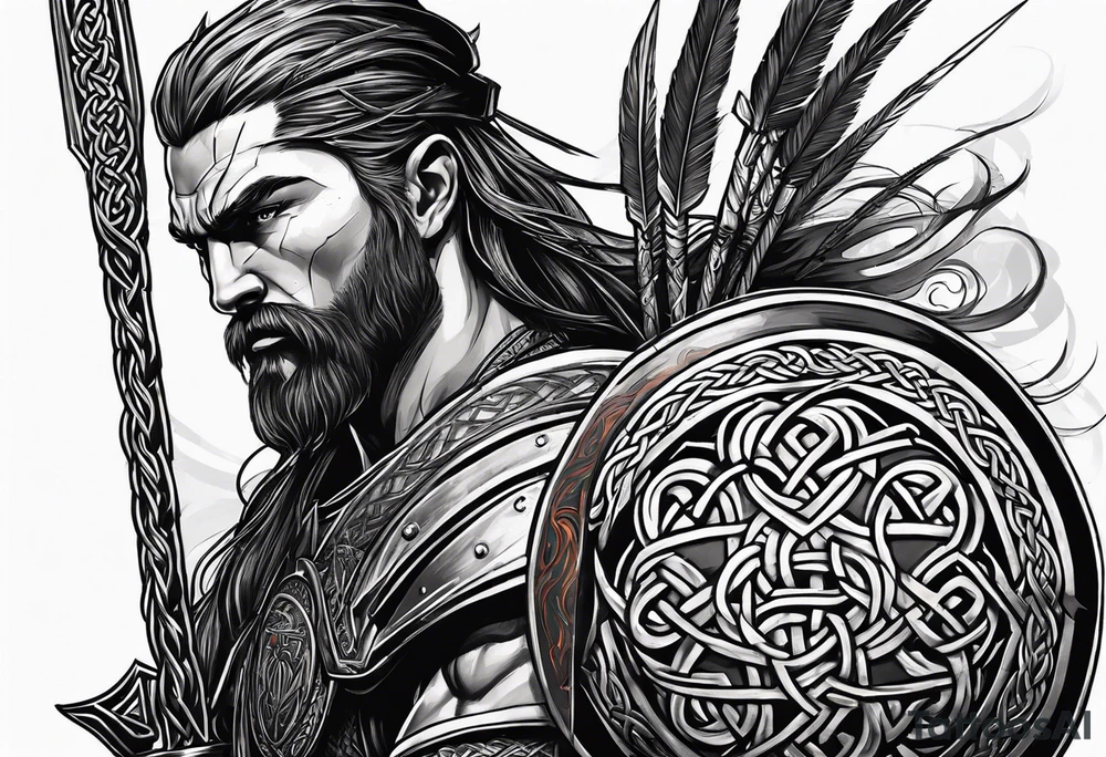Full body side profile of a celtic warrior with weapons tattoo idea