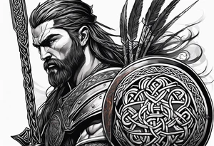 Full body side profile of a celtic warrior with weapons tattoo idea