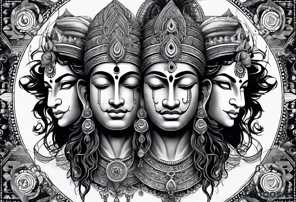 Half Shiva face and half hanuman face with a compass background tattoo idea