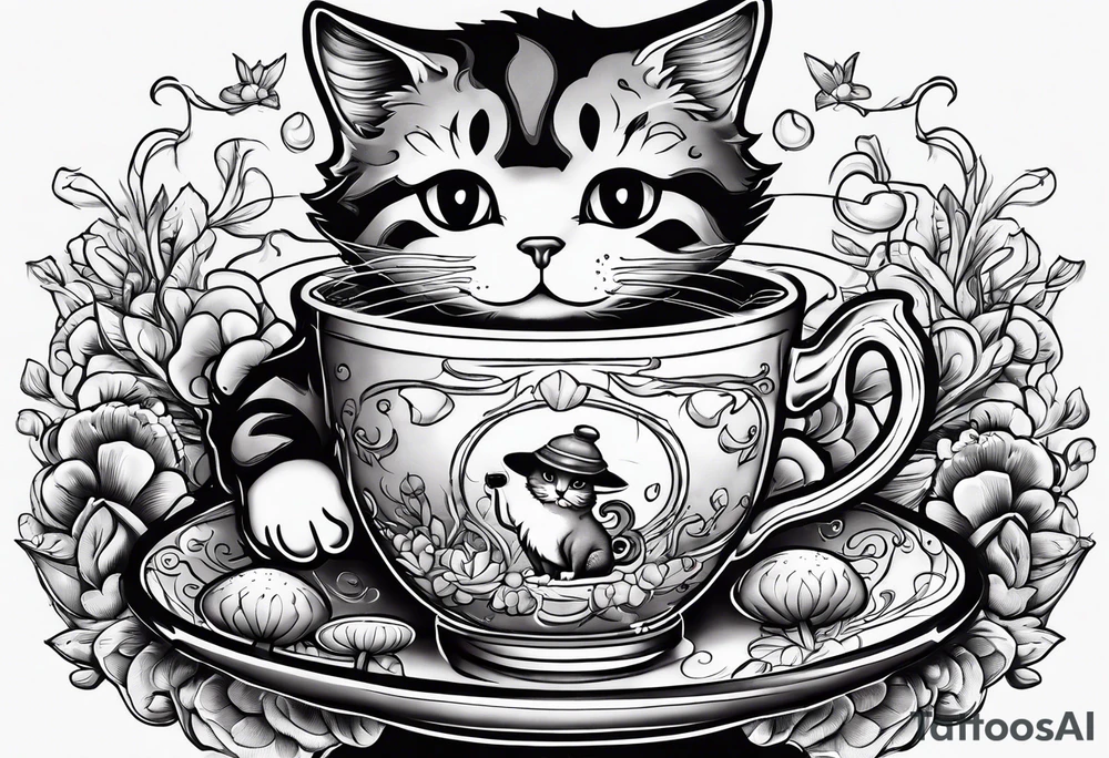 A mysterious cat taking a hot mushrooms cup of tea tattoo idea