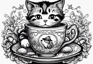 A mysterious cat taking a hot mushrooms cup of tea tattoo idea