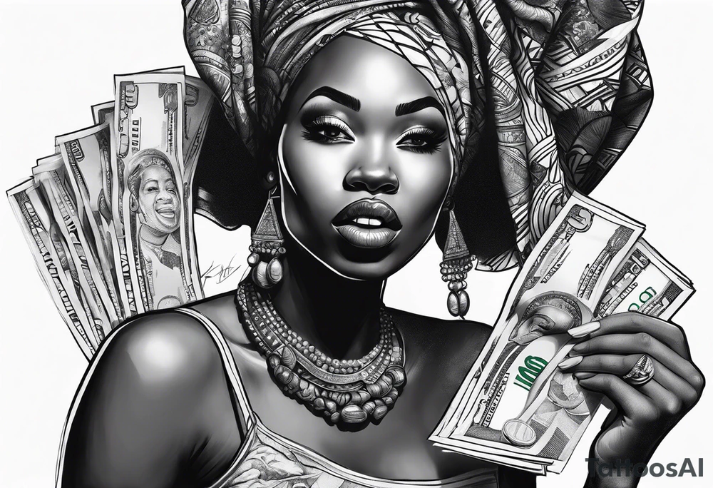 african woman biting money tattoo idea