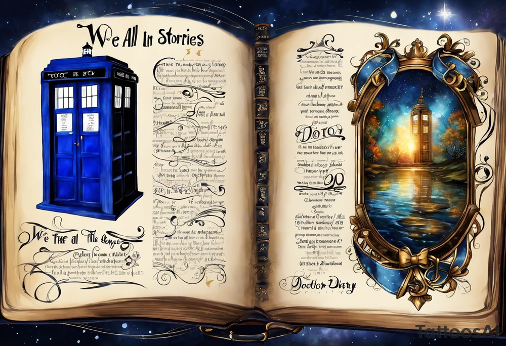 River songs diary from doctor who with the words "We're all stories in the end" I want just the TARDIS blue diary and those words in ribbons or something around the diary.  I want the diary to be closed tattoo idea