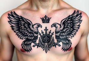 Chest tattoo,powerful two polish symetricals majestic darks eagles, surrounded by lure ornaments , between eagles a crown tattoo idea